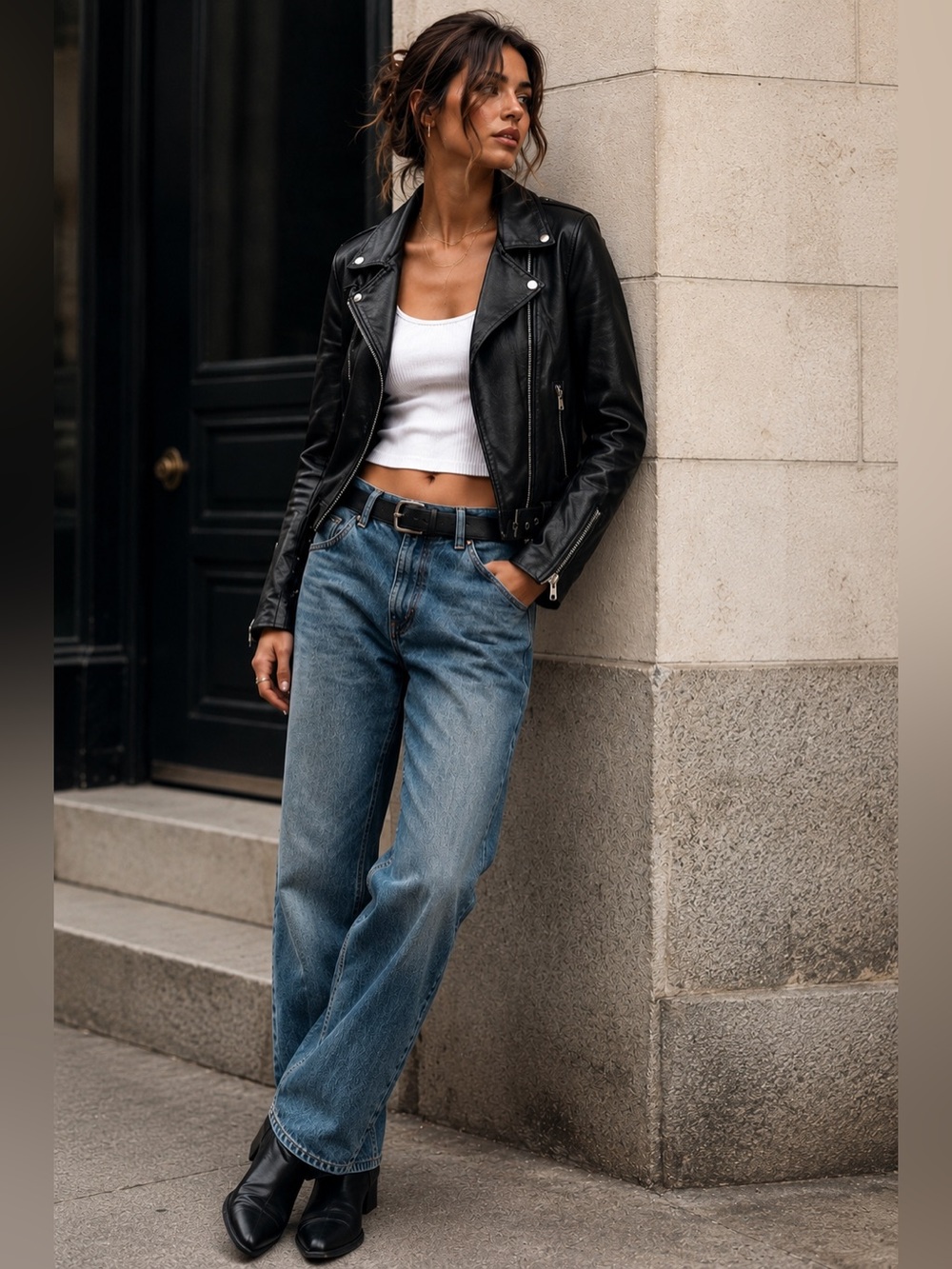 Creaciones D’Tany Women’s Black Genuine Leather Moto Biker Jacket Belted M